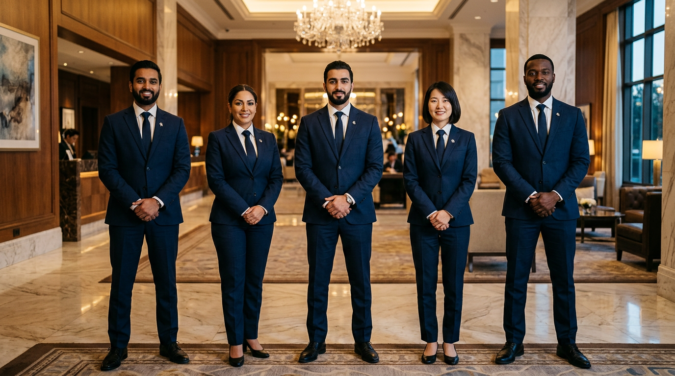 Multilingual chauffeur team in suits